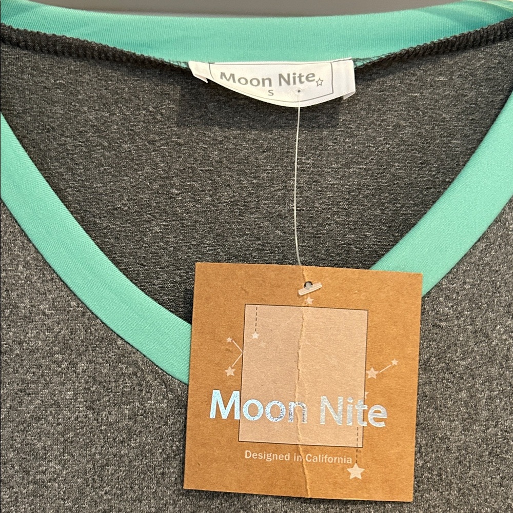 Gray V-Neck Night Gown with Teal Trim. - Picture 3 of 6